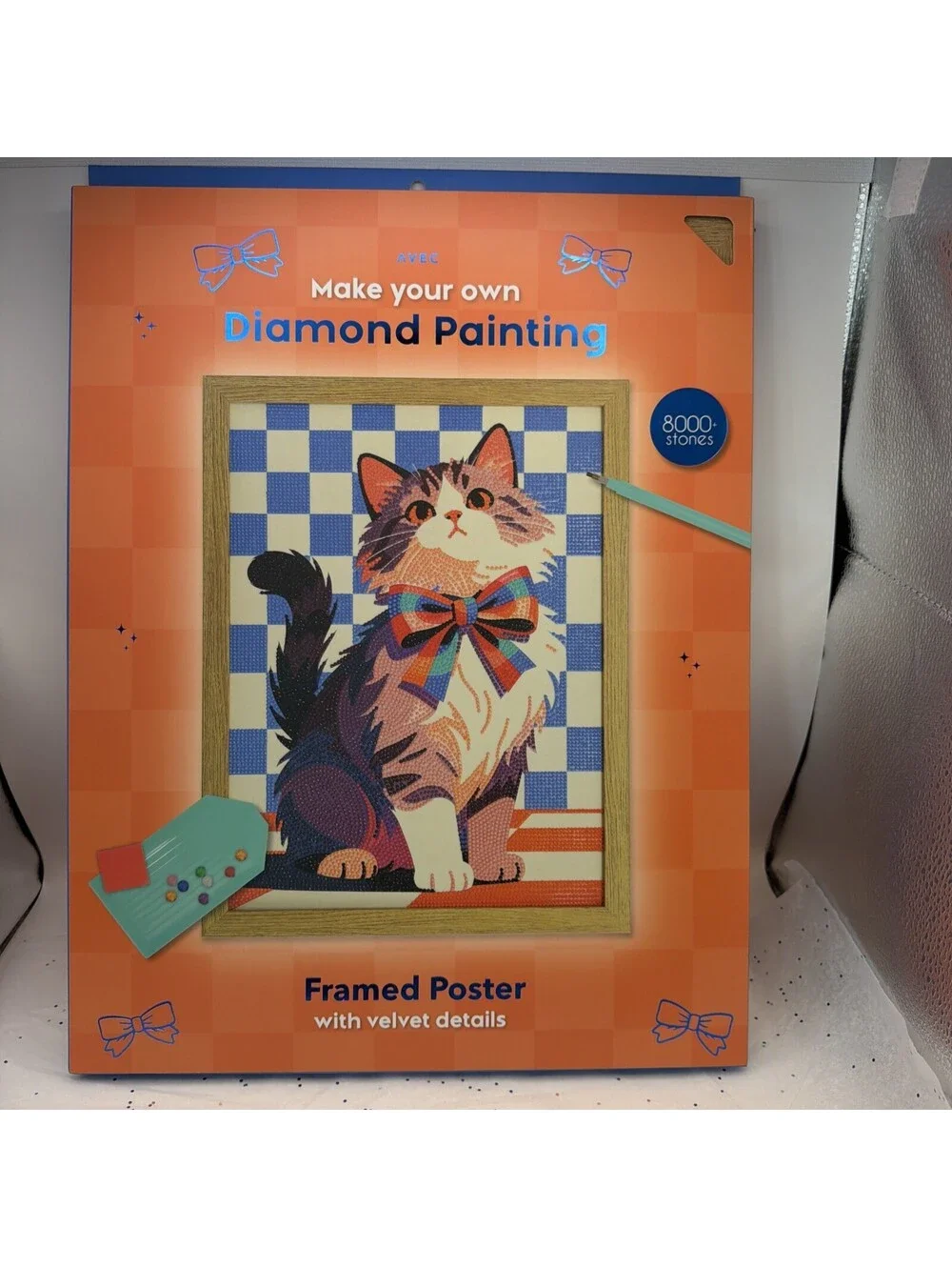 AVEC DIY Diamond Art Painting Cat W/ Bow Tie Framed Poster Velvet 8000+ Stones